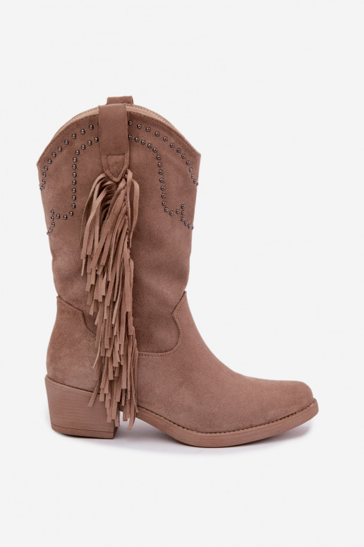 Botins femininos de estilo cowboy com franjas e enfeites na cor areia Perlia