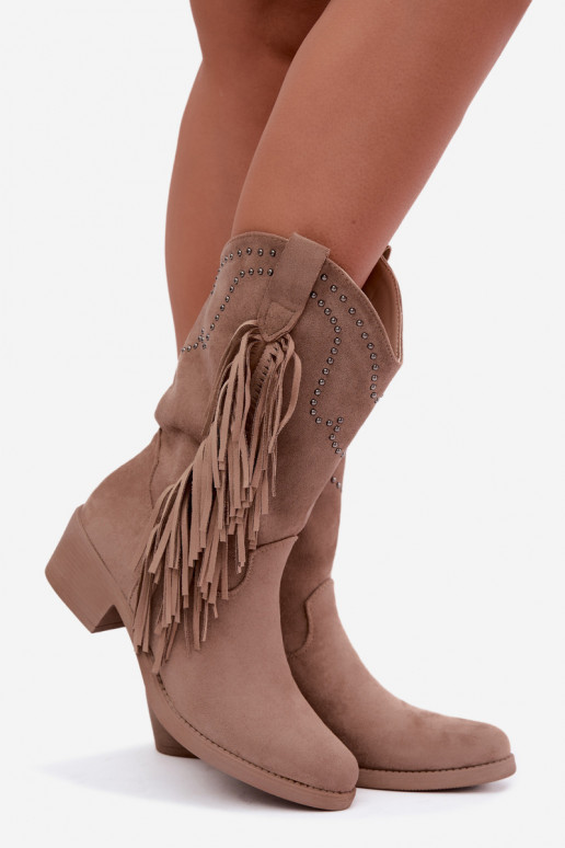 Botins femininos de estilo cowboy com franjas e enfeites na cor areia Perlia