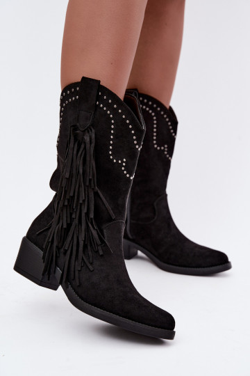 Botins femininos de estilo cowboy com franjas e enfeites na cor preta Perlia