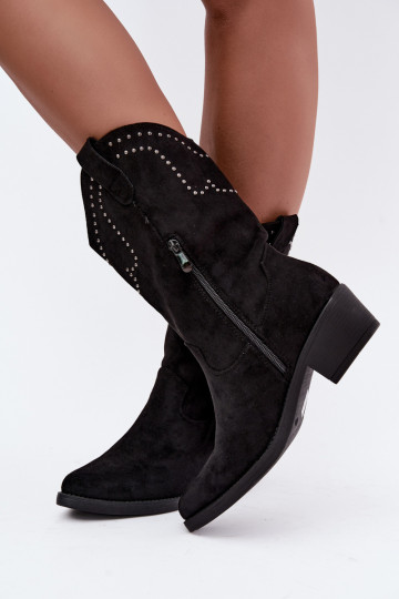 Botins femininos de estilo cowboy com franjas e enfeites na cor preta Perlia 2