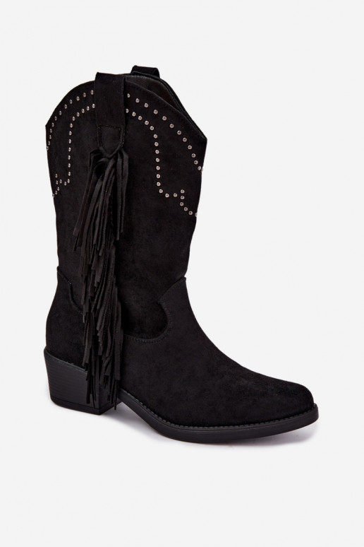 Botins femininos de estilo cowboy com franjas e enfeites na cor preta Perlia