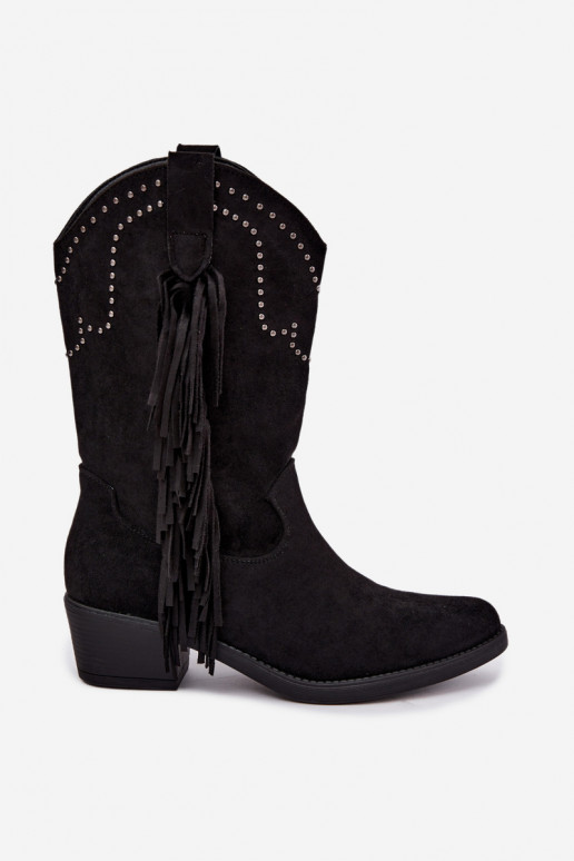 Botins femininos de estilo cowboy com franjas e enfeites na cor preta Perlia