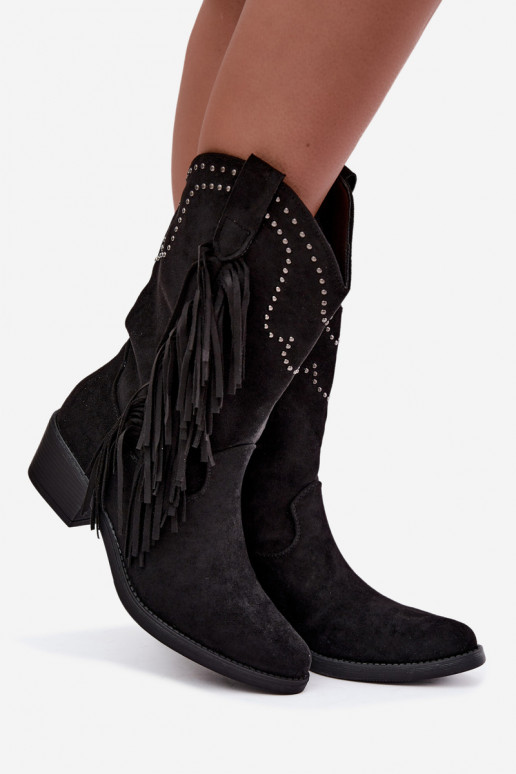 Botins femininos de estilo cowboy com franjas e enfeites na cor preta Perlia