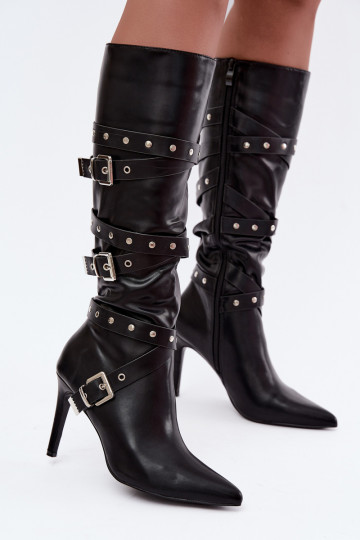 Botas femininas de cano alto com saltos finos e fivelas na cor preta Invera