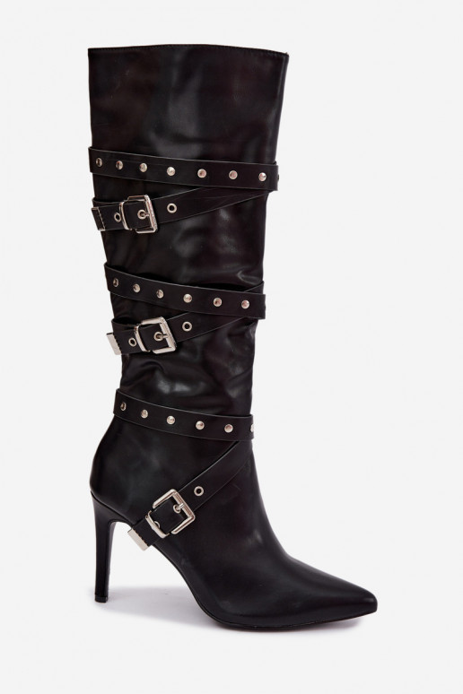 Botas femininas de cano alto com saltos finos e fivelas na cor preta Invera