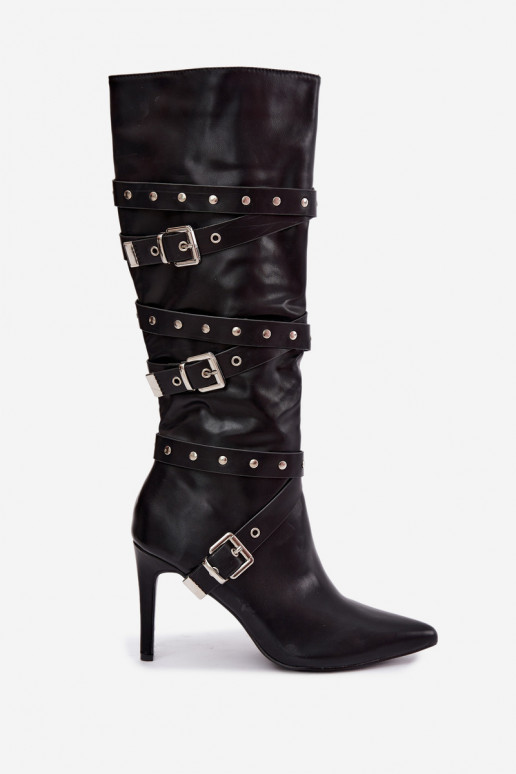 Botas femininas de cano alto com saltos finos e fivelas na cor preta Invera