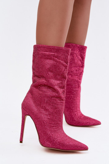 Botins femininos decorados com saltos finos na cor rosa Galessa