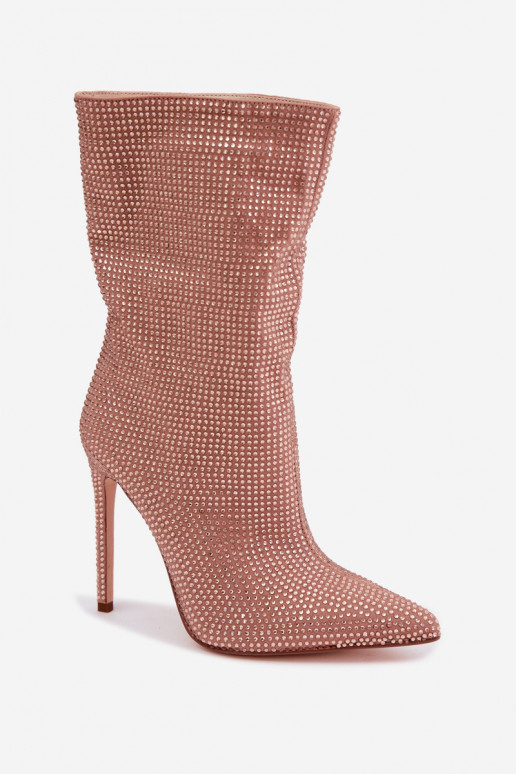 Botins femininos decorados com saltos finos na cor champanhe Galessa