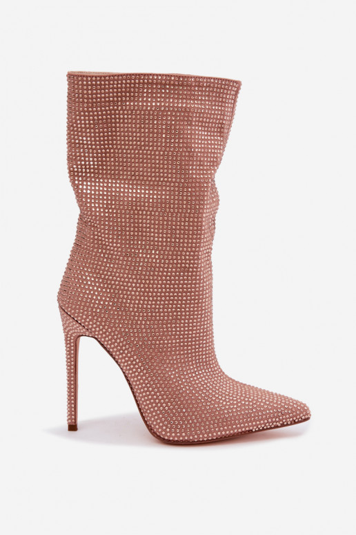 Botins femininos decorados com saltos finos na cor champanhe Galessa