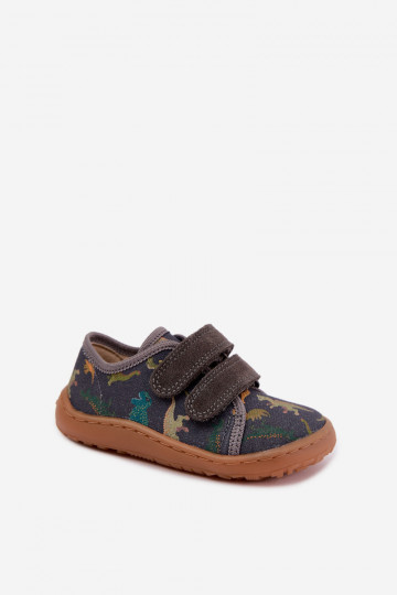Chinelos Barefoot para crianças com dinossauros Froddo Canvas G1700440-31 Cinzentos
