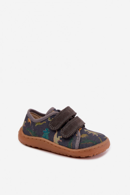 Chinelos Barefoot para crianças com dinossauros Froddo Canvas G1700440-31 Cinzentos