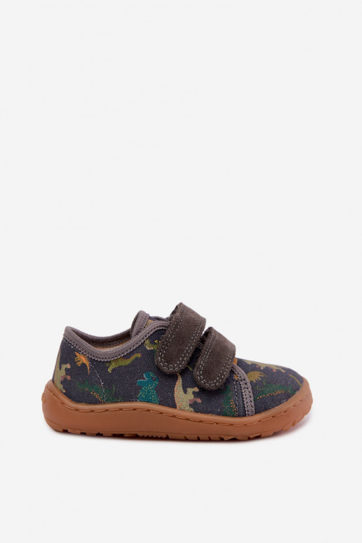 Chinelos Barefoot para crianças com dinossauros Froddo Canvas G1700440-31 Cinzentos