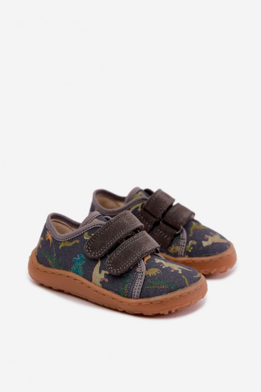 Chinelos Barefoot para crianças com dinossauros Froddo Canvas G1700440-31 Cinzentos