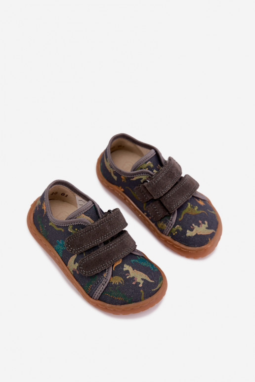 Chinelos Barefoot para crianças com dinossauros Froddo Canvas G1700440-31 Cinzentos