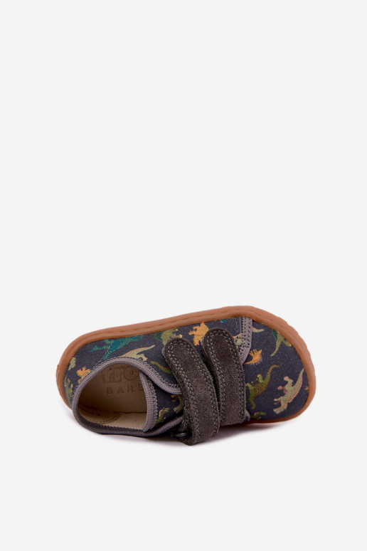 Chinelos Barefoot para crianças com dinossauros Froddo Canvas G1700440-31 Cinzentos