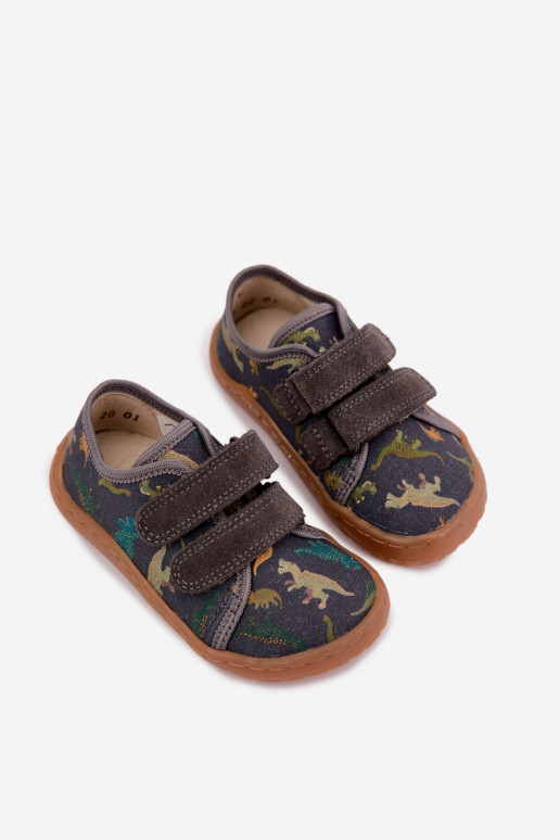 Chinelos Barefoot para crianças com dinossauros Froddo Canvas G1700440-31 Cinzentos