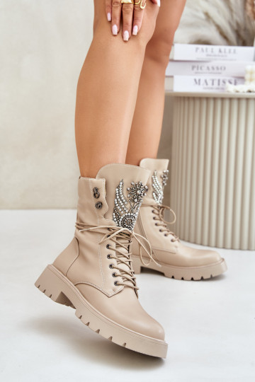 Botins de trabalho isolados em couro sintético com decoração D&A MR880-080 bege 2