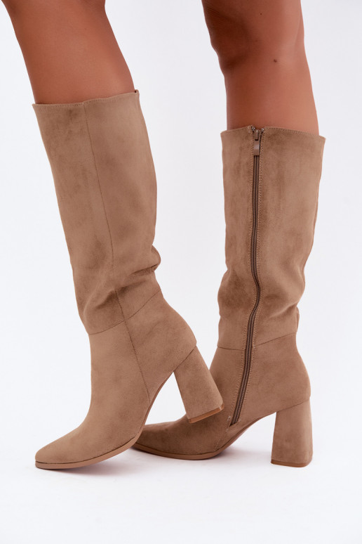 botas altas femininas com salto bloco cor areia Carlin