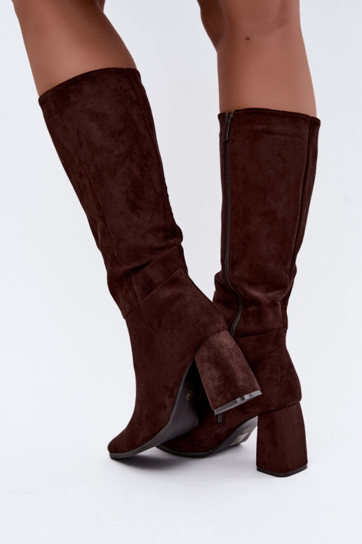 botas altas femininas com salto bloco cor caramelo Carlin