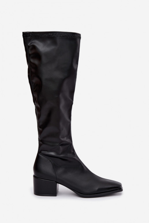 botas altas femininas com cano amarrado em salto baixo de camurça sintética cor caramelo Gisellea
