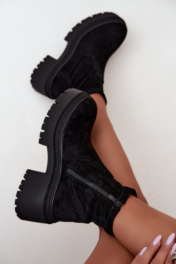 botins femininos com salto grosso e plataforma em camurça sintética pretos Elvianne