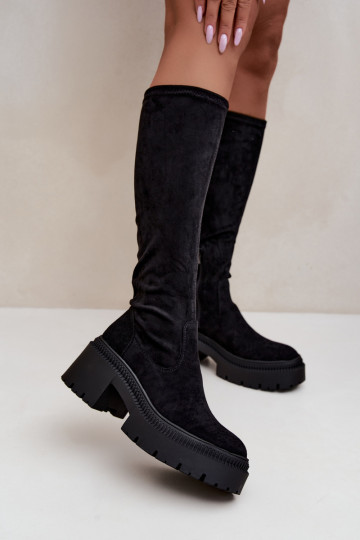 botas altas femininas com plataforma e salto alto pretas Florinne 2