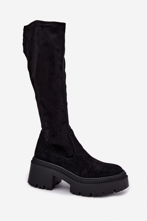 botas altas femininas com plataforma e salto alto pretas Florinne