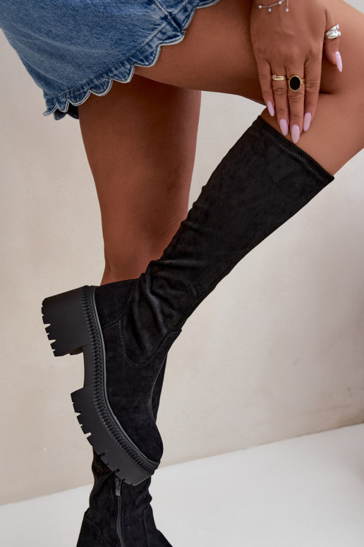 botas altas femininas com plataforma e salto alto pretas Florinne
