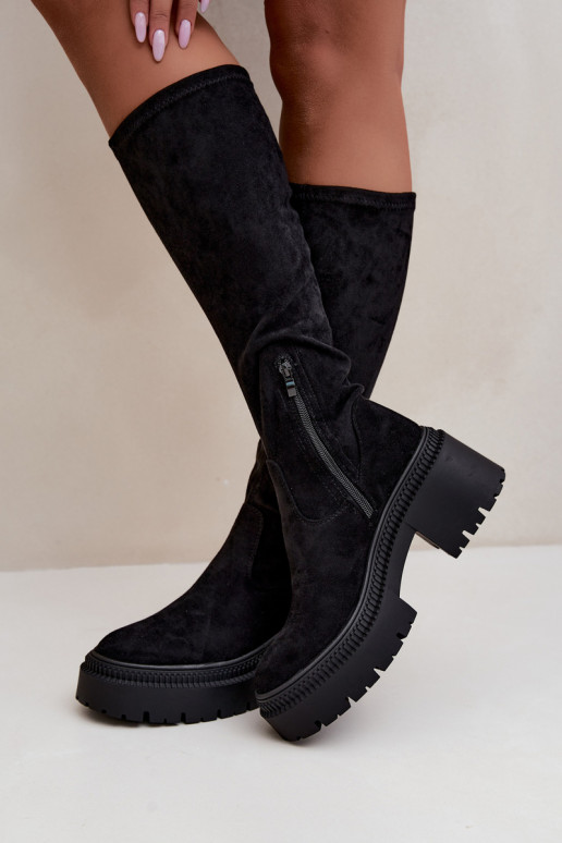 botas altas femininas com plataforma e salto alto pretas Florinne