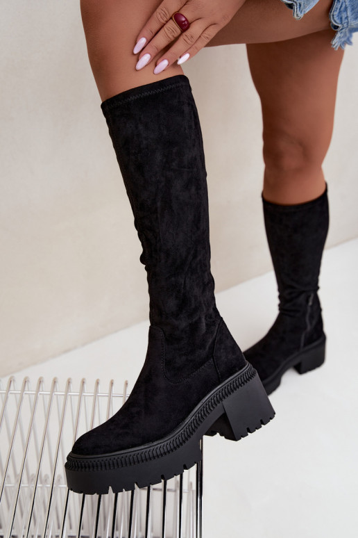 botas altas femininas com plataforma e salto alto pretas Florinne