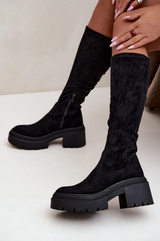 botas altas femininas com plataforma e salto alto pretas Florinne