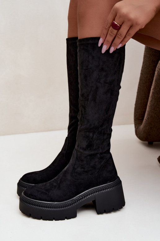 botas altas femininas com plataforma e salto alto pretas Florinne