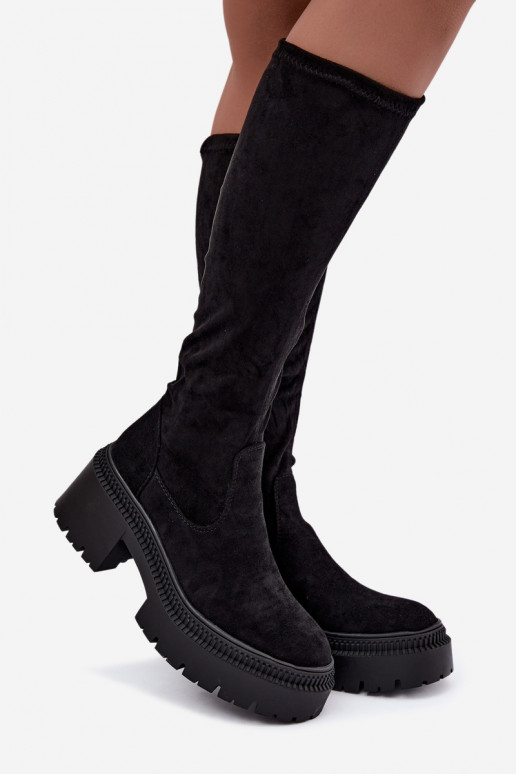 botas altas femininas com plataforma e salto alto pretas Florinne