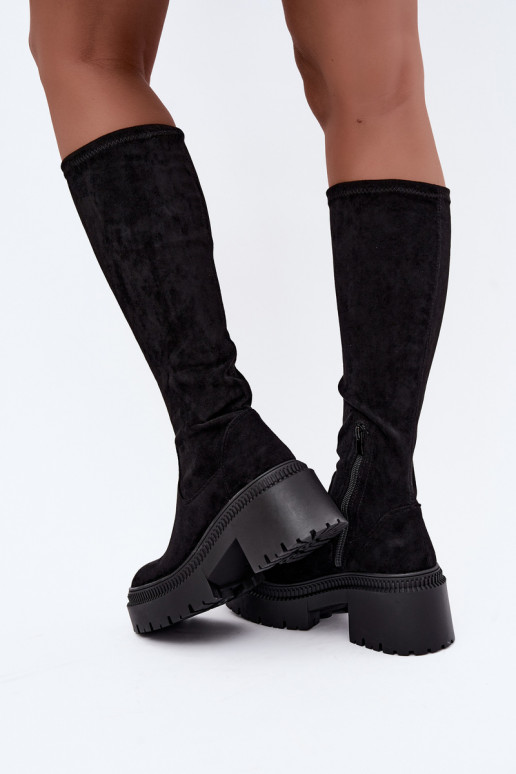 botas altas femininas com plataforma e salto alto pretas Florinne