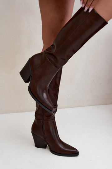botas altas femininas com salto isolado cor caramelo Katelle