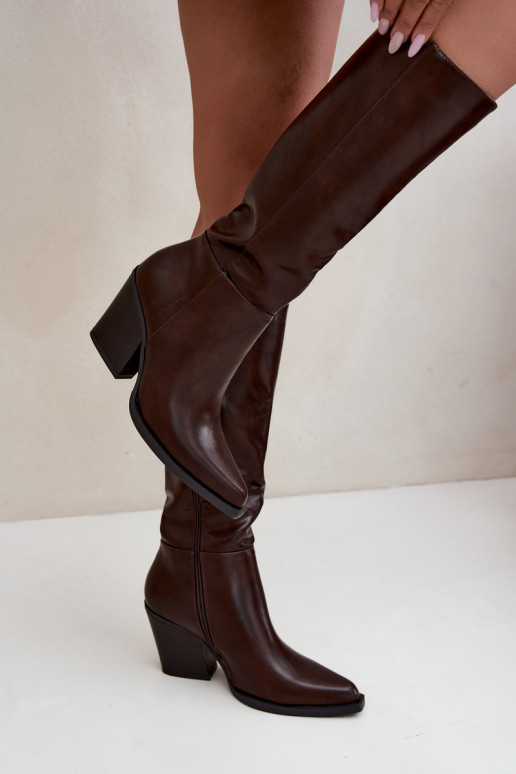 botas altas femininas com salto isolado cor caramelo Katelle