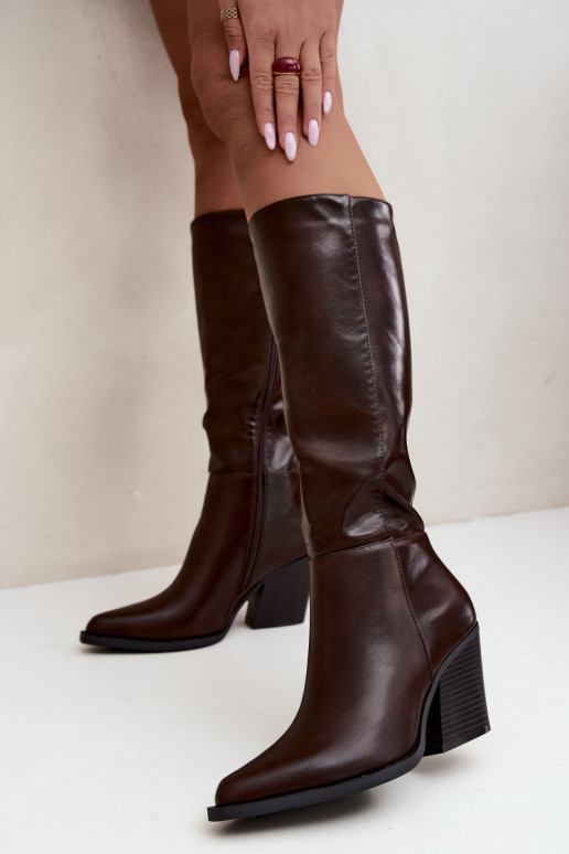 botas altas femininas com salto isolado cor caramelo Katelle