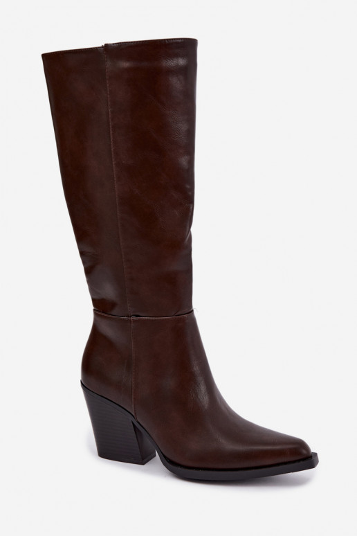 botas altas femininas com salto isolado cor caramelo Katelle