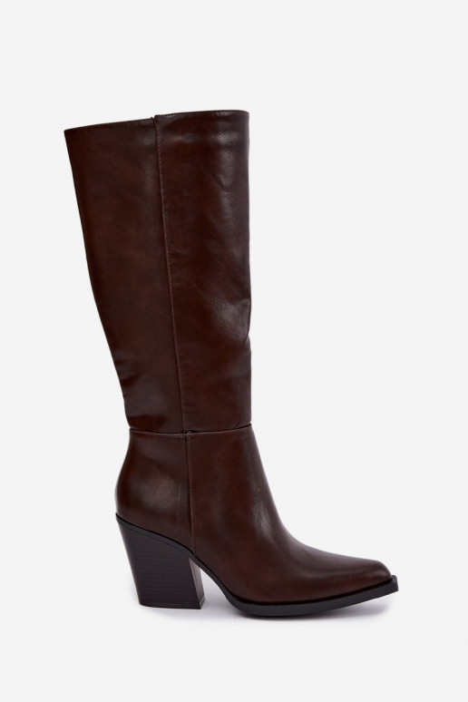 botas altas femininas com salto isolado cor caramelo Katelle