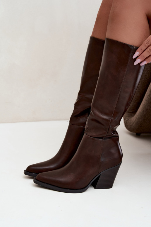 botas altas femininas com salto isolado cor caramelo Katelle