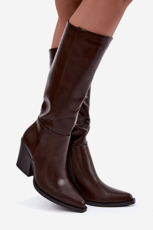 botas altas femininas com salto isolado cor caramelo Katelle