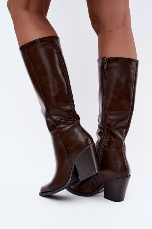 botas altas femininas com salto isolado cor caramelo Katelle