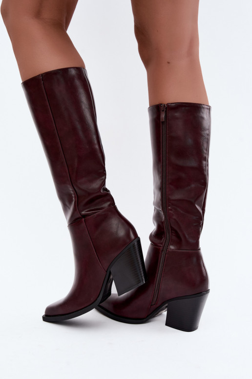 botas altas femininas com salto isolado cor bordô Katelle
