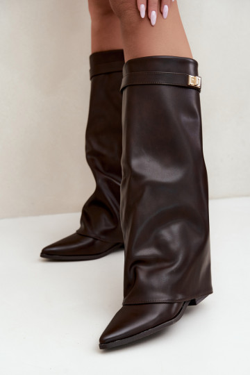 botas altas femininas com cano amarrado em salto baixo de couro sintético cor caramelo Gisellea 2