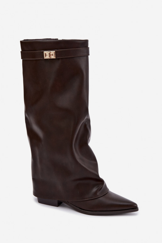 botas altas femininas com cano amarrado em salto baixo de couro sintético cor caramelo Gisellea