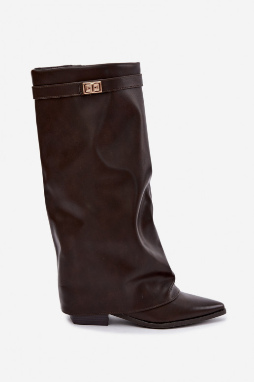 botas altas femininas com cano amarrado em salto baixo de couro sintético cor caramelo Gisellea