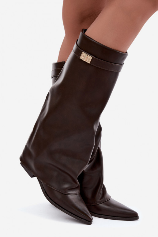 botas altas femininas com cano amarrado em salto baixo de couro sintético cor caramelo Gisellea