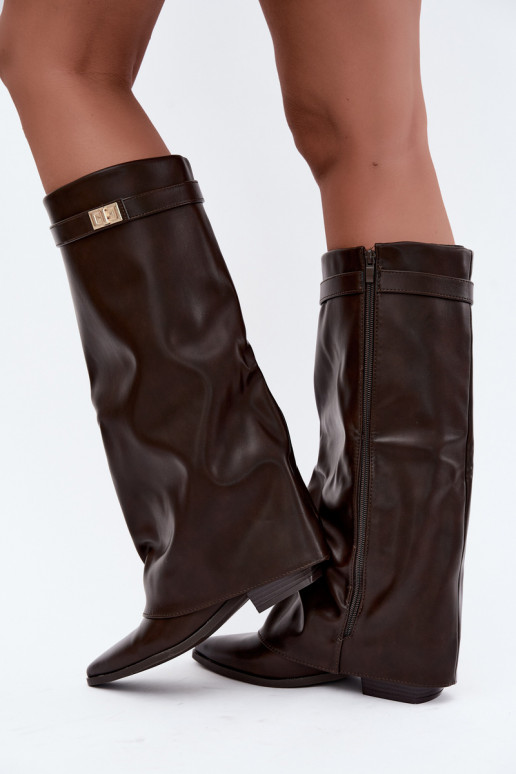 botas altas femininas com cano amarrado em salto baixo de couro sintético cor caramelo Gisellea