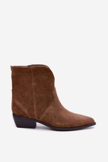 botins femininos estilo cowboy com salto em camurça natural cor marrom Norelle 2