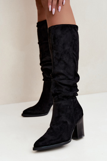botas altas femininas com saltos e parte superior curva em preto Ismera 2